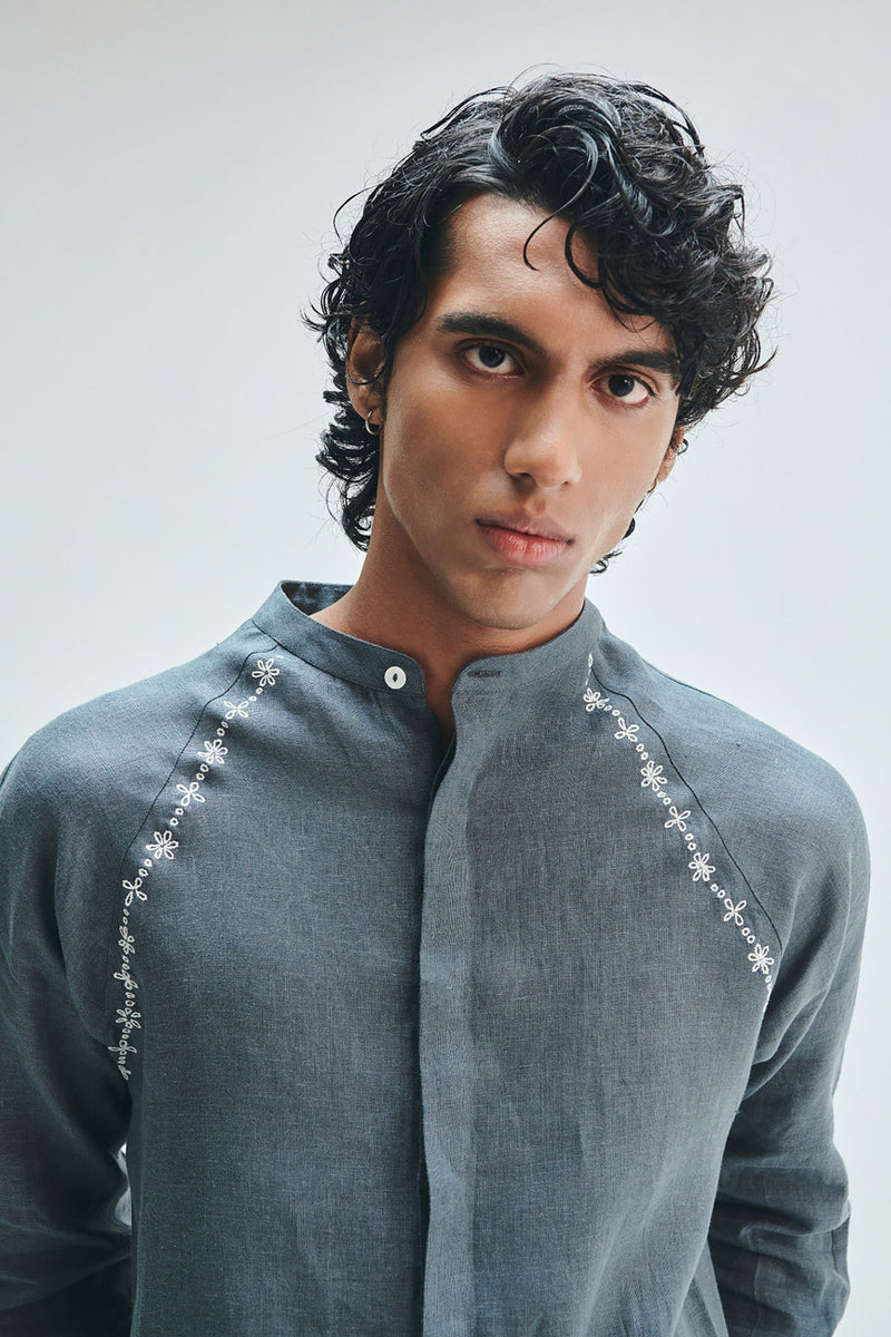 Slate Linen Embroidered Men’s Raglan Shirt linen shirt by Saphed Men in grey for men in Singapore