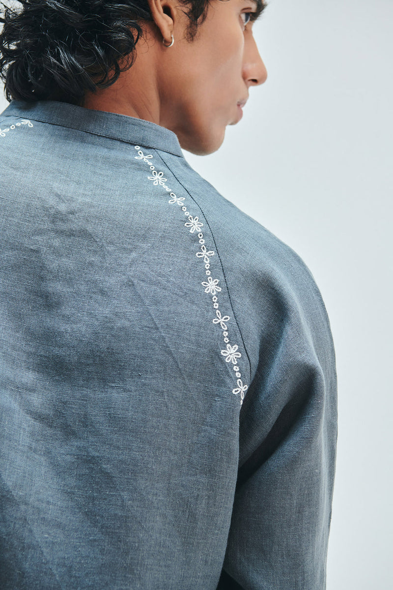Slate Linen Embroidered Men’s Raglan Shirt linen shirt by Saphed Men in grey for men in Singapore