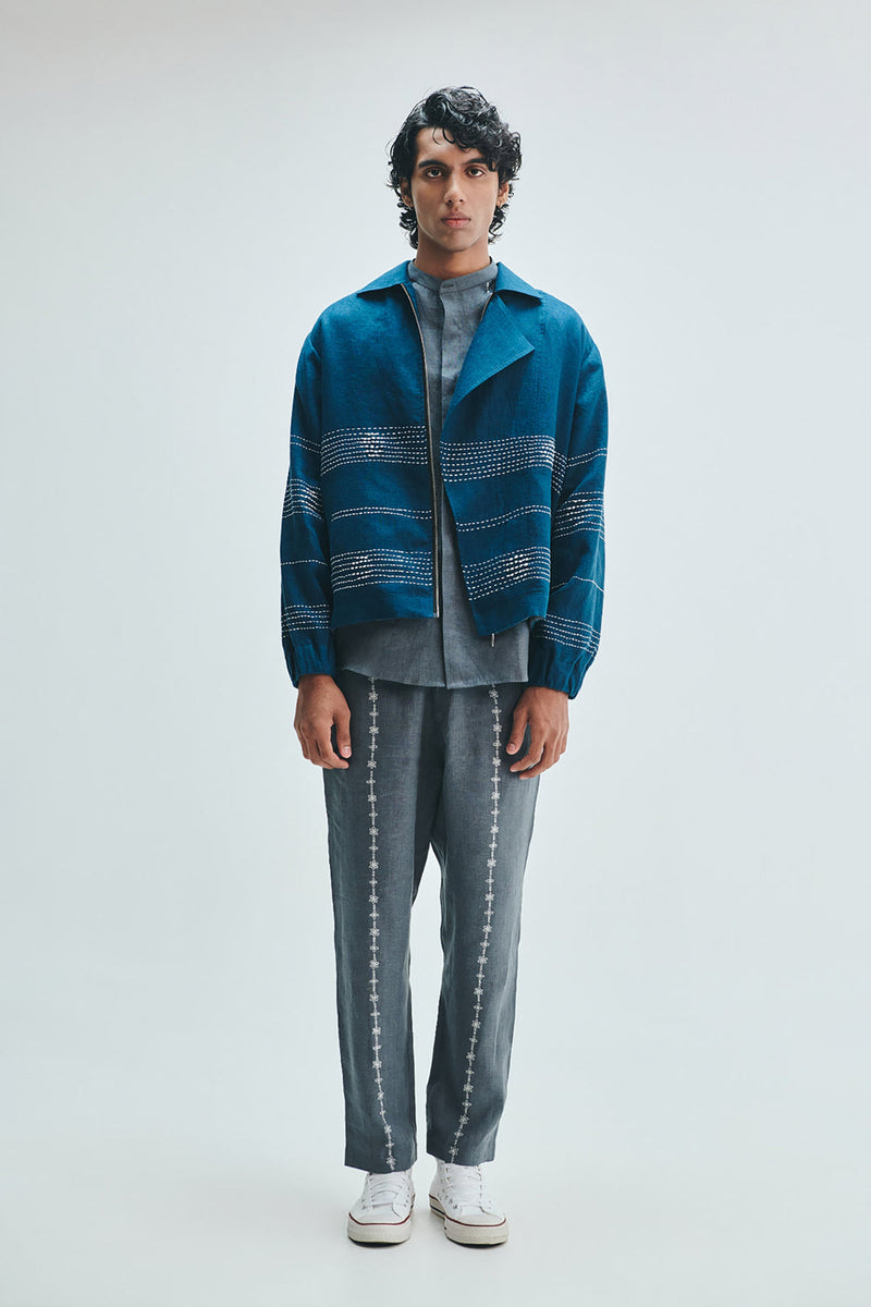 Indigo Linen Kantha Flap Collar Jacket linen jacket by Saphed Men in blue for men in Singapore