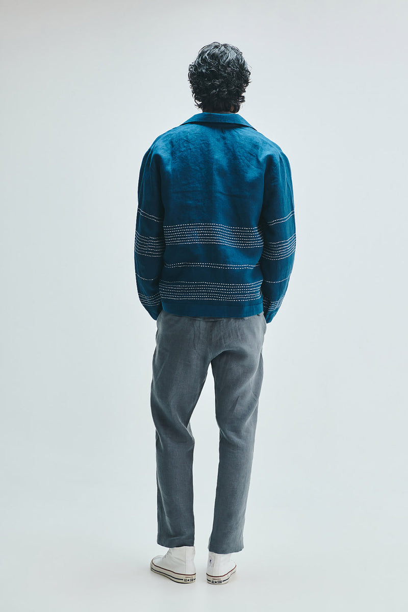 Indigo Linen Kantha Flap Collar Jacket linen jacket by Saphed Men in blue for men in Singapore