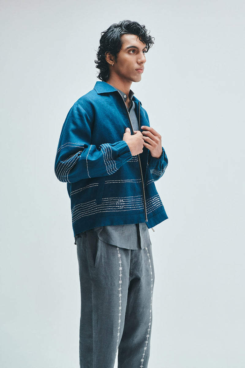 Indigo Linen Kantha Flap Collar Jacket linen jacket by Saphed Men in blue for men in Singapore