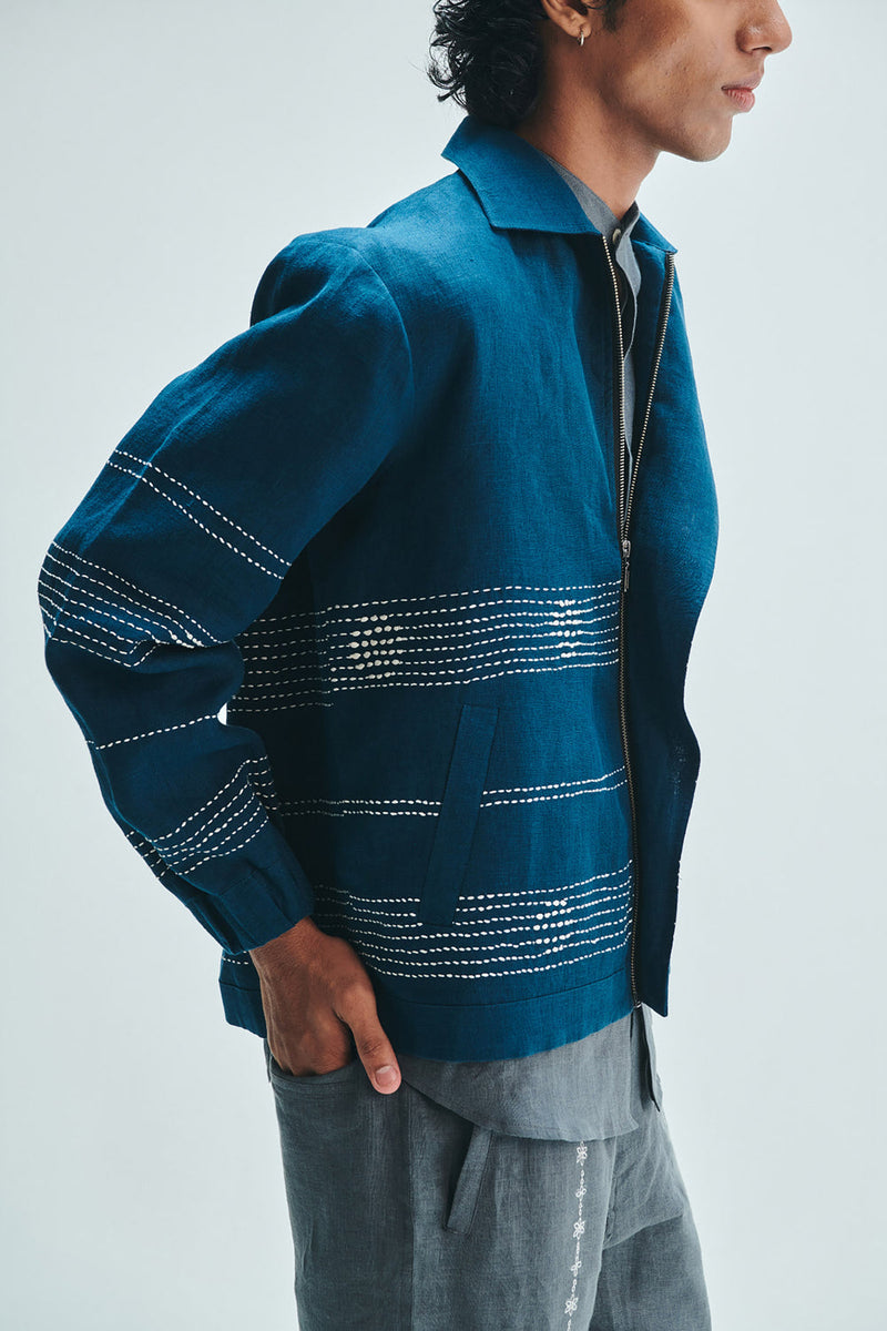 Indigo Linen Kantha Flap Collar Jacket linen jacket by Saphed Men in blue for men in Singapore