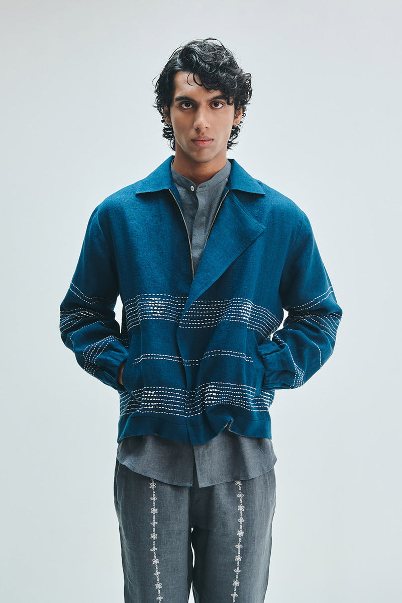 Indigo Linen Kantha Flap Collar Jacket linen jacket by Saphed Men in blue for men in Singapore