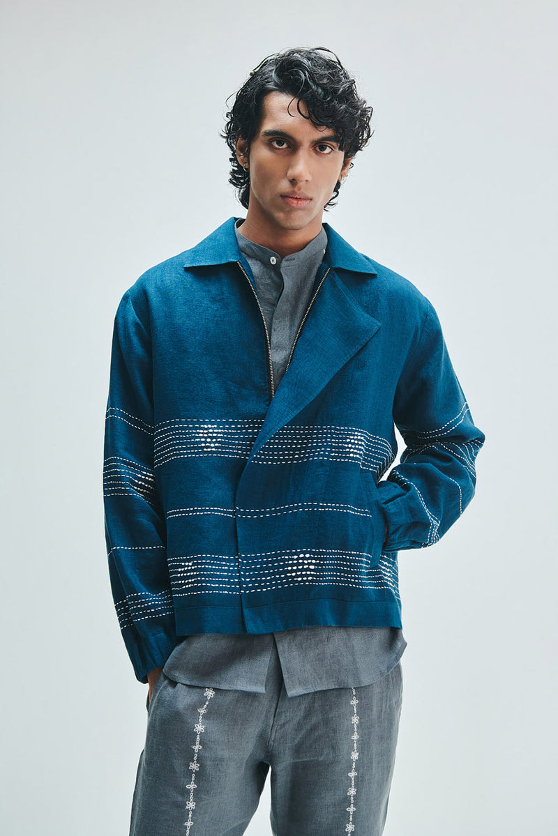 Indigo Linen Kantha Flap Collar Jacket linen jacket by Saphed Men in blue for men in Singapore