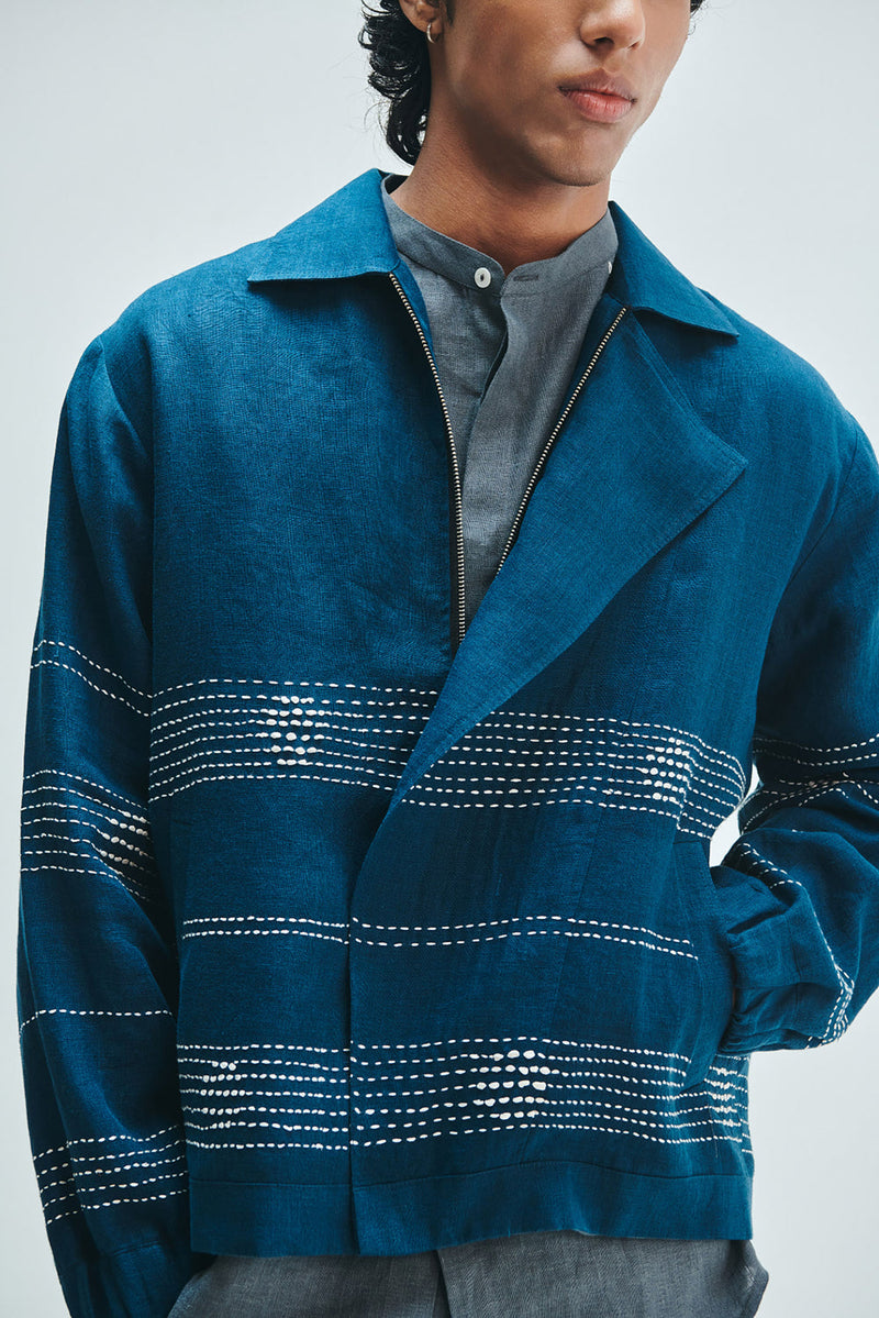 Indigo Linen Kantha Flap Collar Jacket linen jacket by Saphed Men in blue for men in Singapore