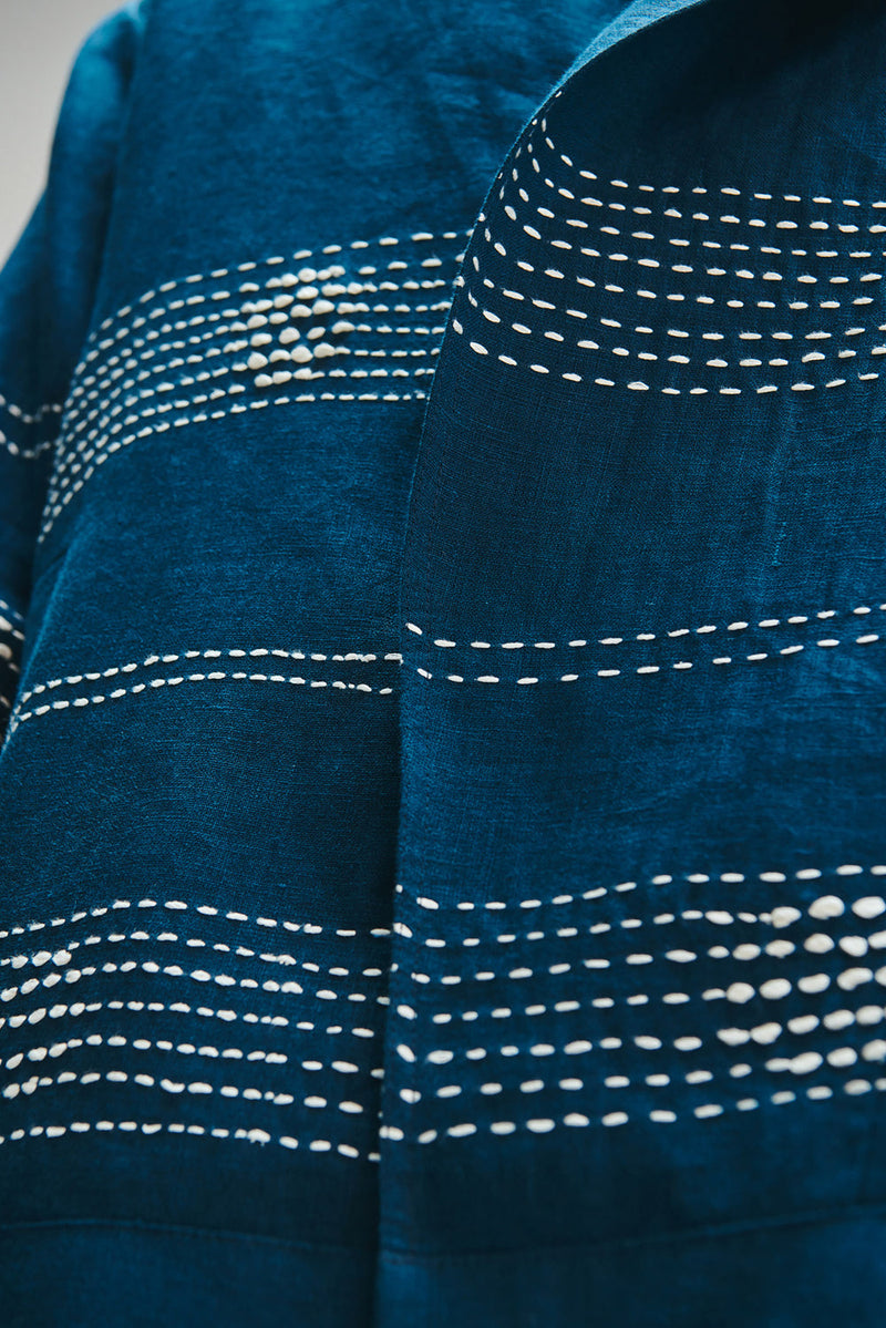 Indigo Linen Kantha Flap Collar Jacket linen jacket by Saphed Men in blue for men in Singapore