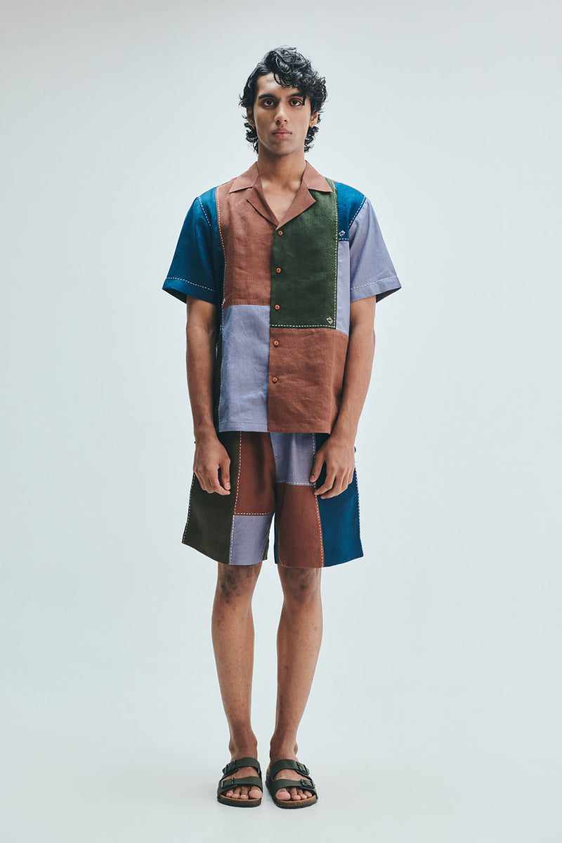 Patchwork Linen Men’s Camp Collar Shirt linen shirt by Saphed Men in multi-colour for men in Singapore