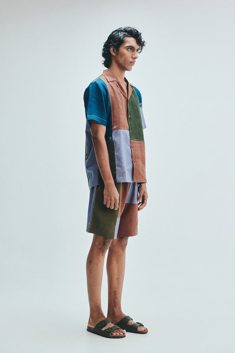Patchwork Linen Men’s Camp Collar Shirt Set linen co-ord set by Saphed Men in multi-colour for men in Singapore