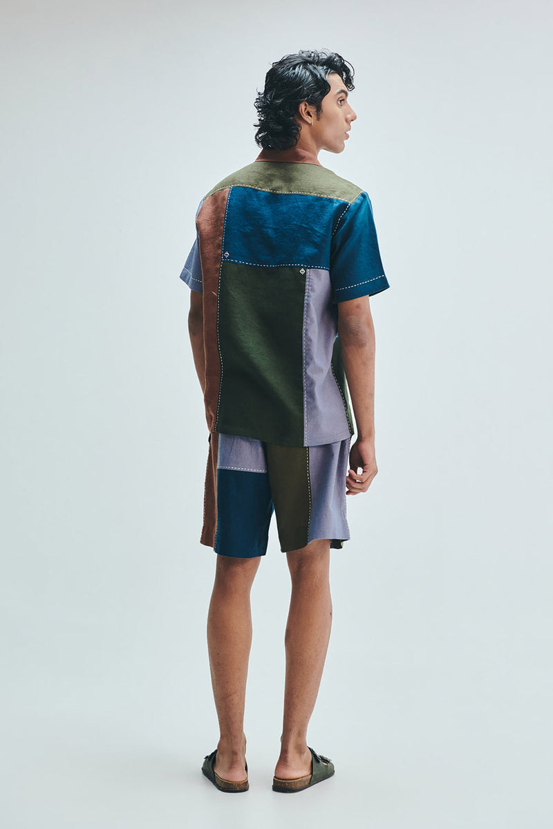 Patchwork Linen Men’s Camp Collar Shirt Set linen co-ord set by Saphed Men in multi-colour for men in Singapore