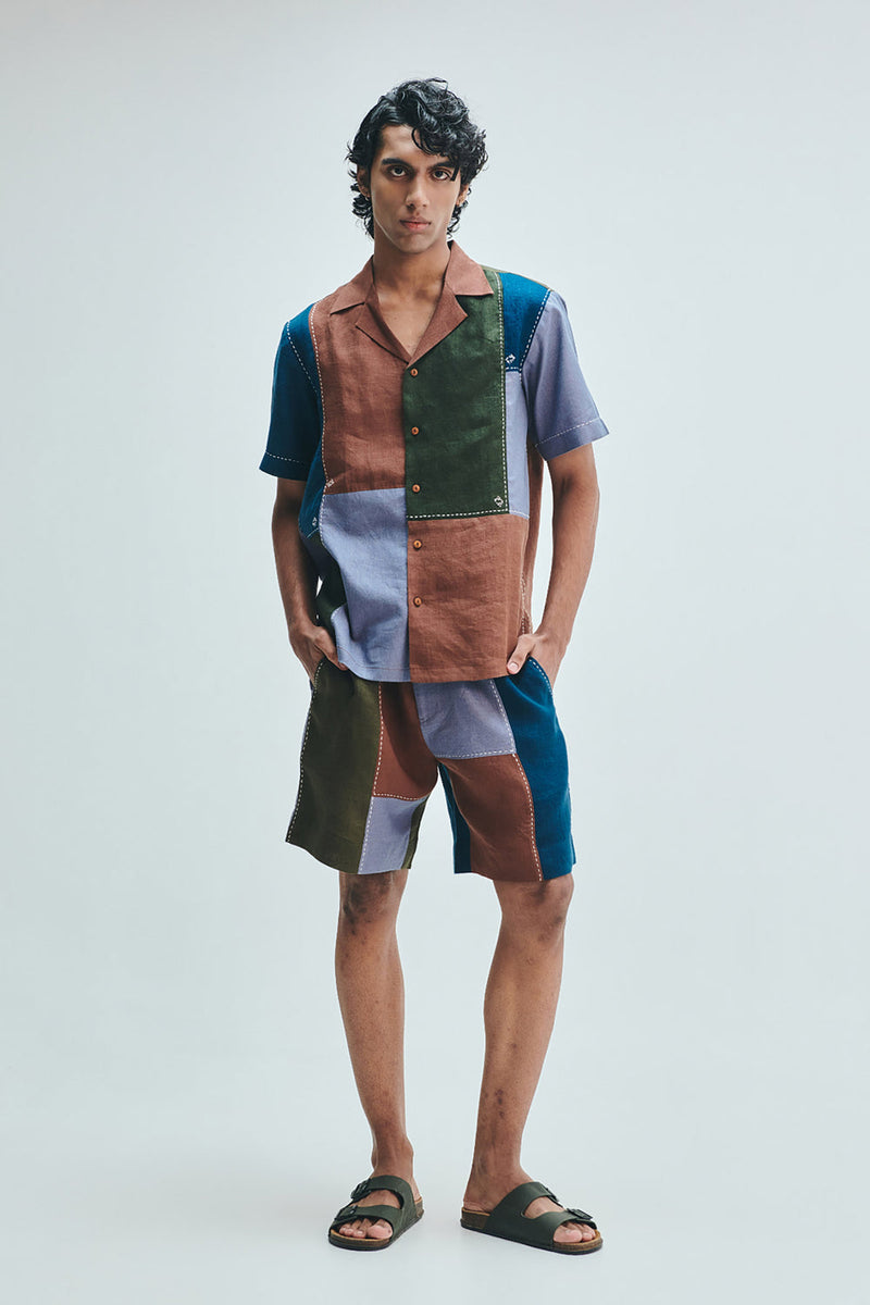 Patchwork Linen Men’s Camp Collar Shirt linen shirt by Saphed Men in multi-colour for men in Singapore