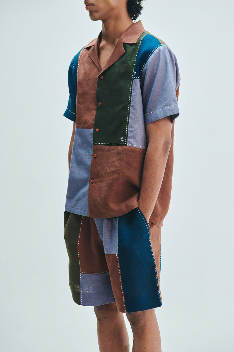 Patchwork Linen Men’s Camp Collar Shirt Set linen co-ord set by Saphed Men in multi-colour for men in Singapore