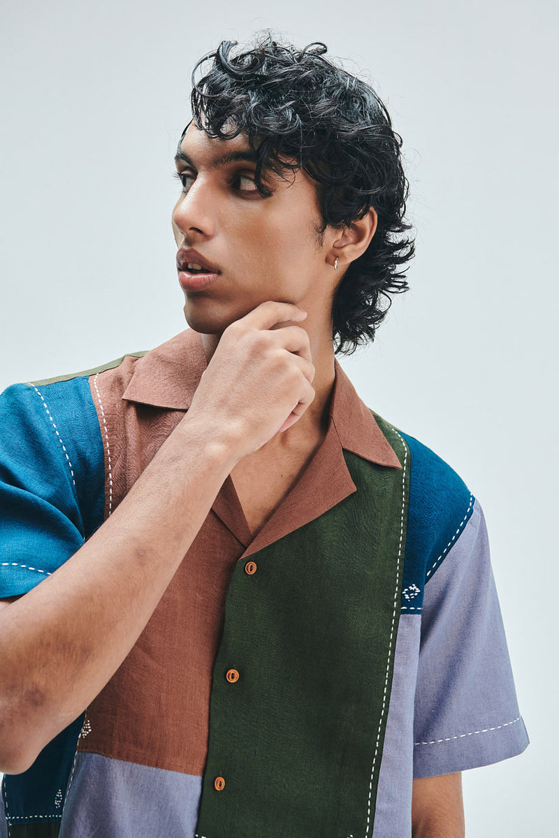 Patchwork Linen Men’s Camp Collar Shirt linen shirt by Saphed Men in multi-colour for men in Singapore
