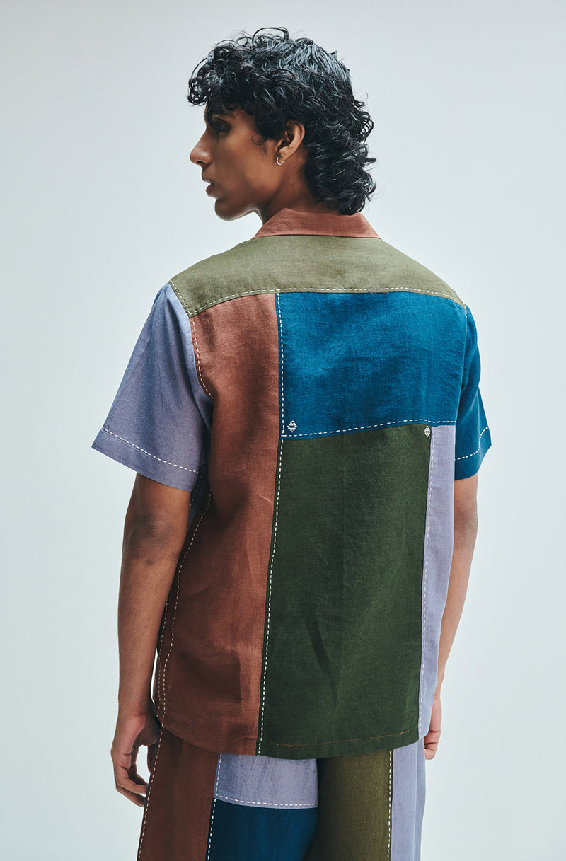 Patchwork Linen Men’s Camp Collar Shirt linen shirt by Saphed Men in multi-colour for men in Singapore