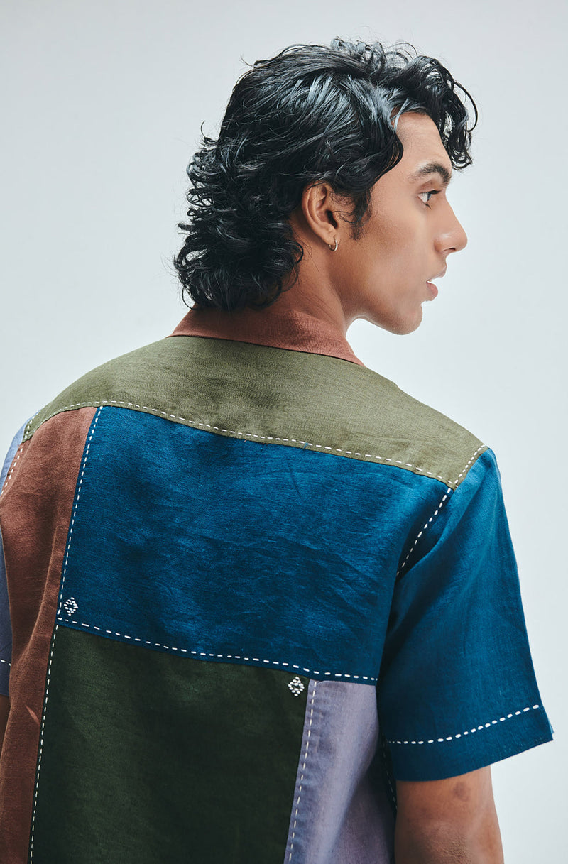 Patchwork Linen Men’s Camp Collar Shirt linen shirt by Saphed Men in multi-colour for men in Singapore