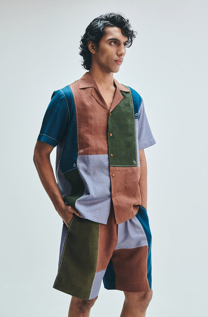 Patchwork Linen Men’s Camp Collar Shirt linen shirt by Saphed Men in multi-colour for men in Singapore