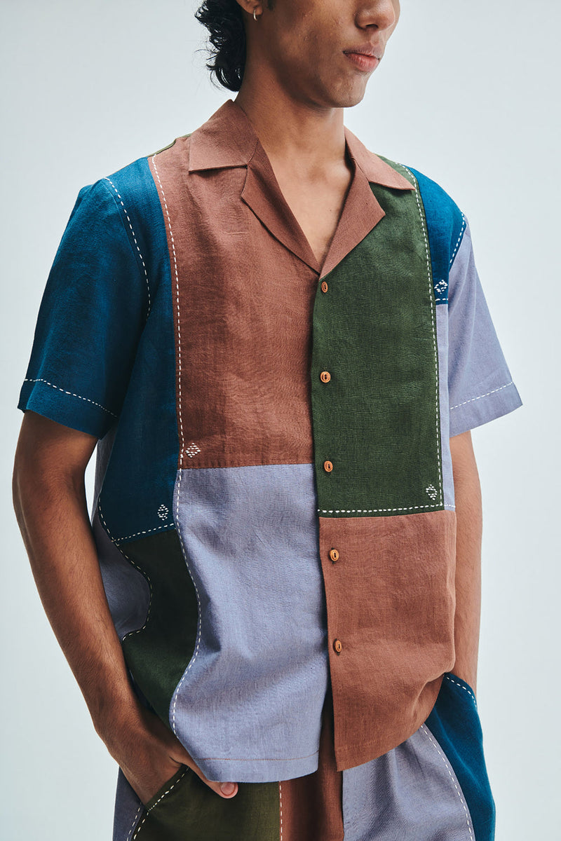 Patchwork Linen Men’s Camp Collar Shirt linen shirt by Saphed Men in multi-colour for men in Singapore