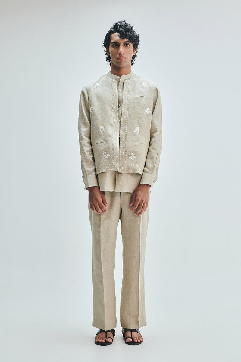 Undyed Linen Embroidered Men’s Collarless Nehru Jacket Set linen co-ord set by Saphed Men in off-white for men in Singapore