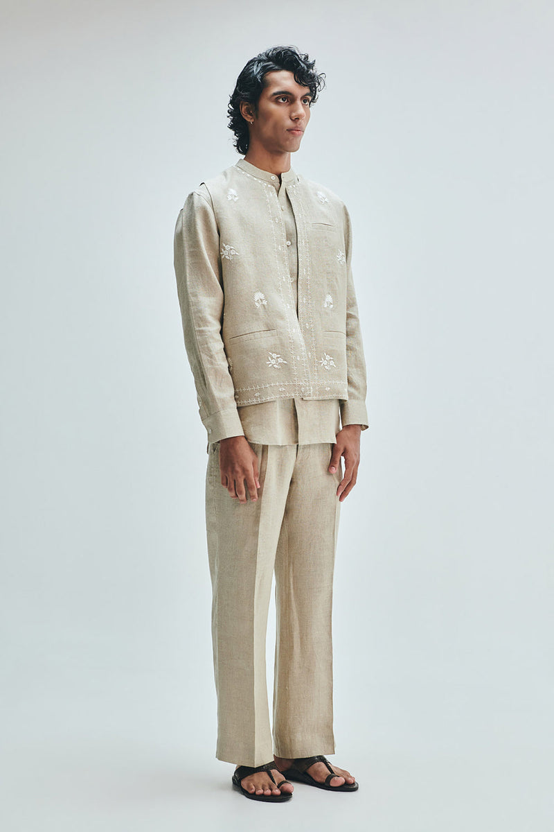 Undyed Linen Embroidered Men’s Collarless Nehru Jacket Set linen co-ord set by Saphed Men in off-white for men in Singapore
