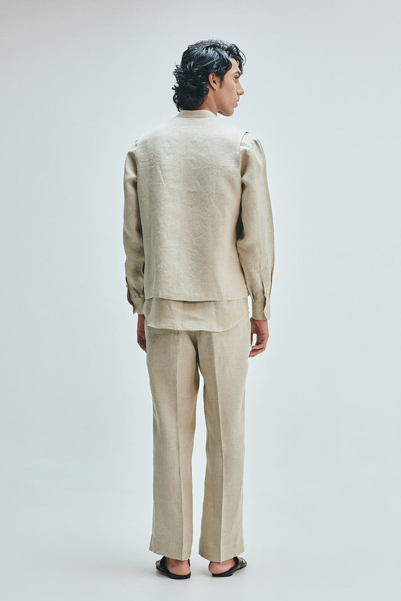 Undyed Linen Embroidered Men’s Collarless Nehru Jacket Set linen co-ord set by Saphed Men in off-white for men in Singapore