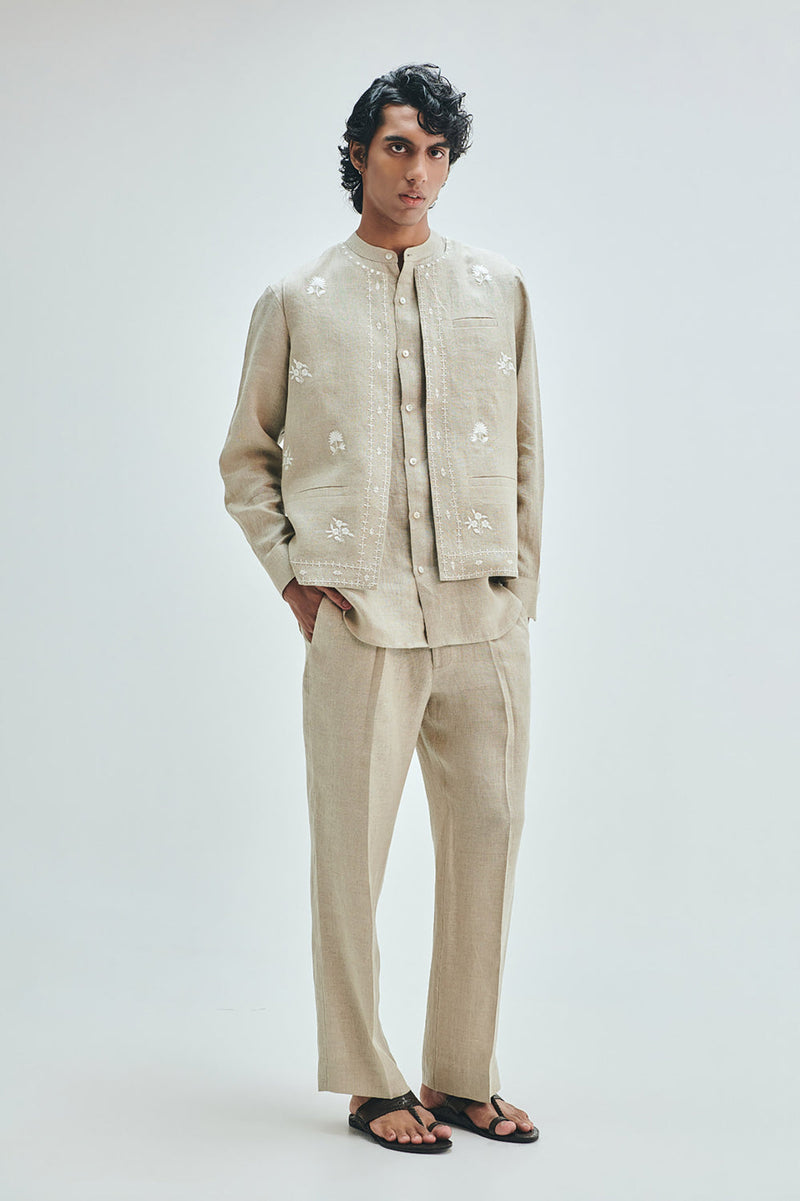 Undyed Linen Embroidered Men’s Collarless Nehru Jacket Set linen co-ord set by Saphed Men in off-white for men in Singapore