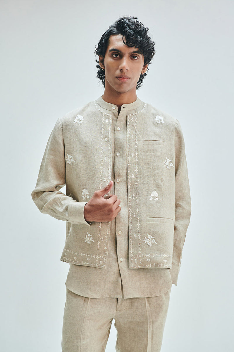 Undyed Linen Embroidered Men’s Collarless Nehru Jacket Set linen co-ord set by Saphed Men in off-white for men in Singapore