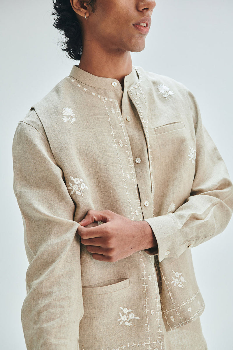 Undyed Linen Embroidered Men’s Collarless Nehru Jacket Set linen co-ord set by Saphed Men in off-white for men in Singapore
