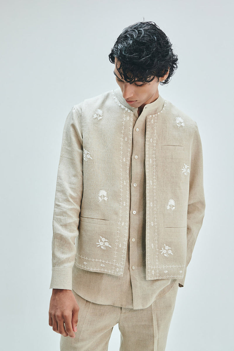 Undyed Linen Embroidered Men’s Collarless Nehru Jacket linen jacket by Saphed Men in off-white for men in Singapore