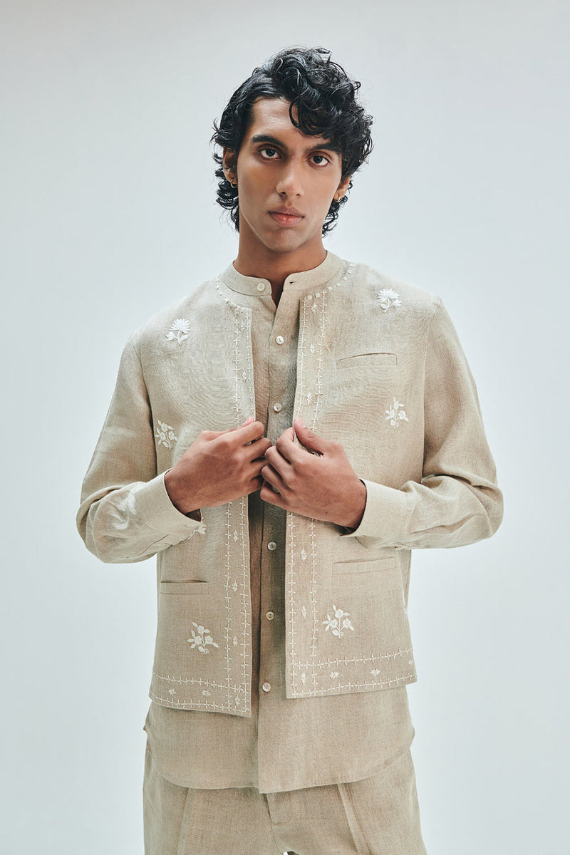 Undyed Linen Embroidered Men’s Collarless Nehru Jacket linen jacket by Saphed Men in off-white for men in Singapore