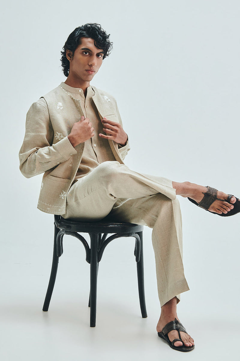 Undyed Linen Embroidered Men’s Collarless Nehru Jacket Set linen co-ord set by Saphed Men in off-white for men in Singapore