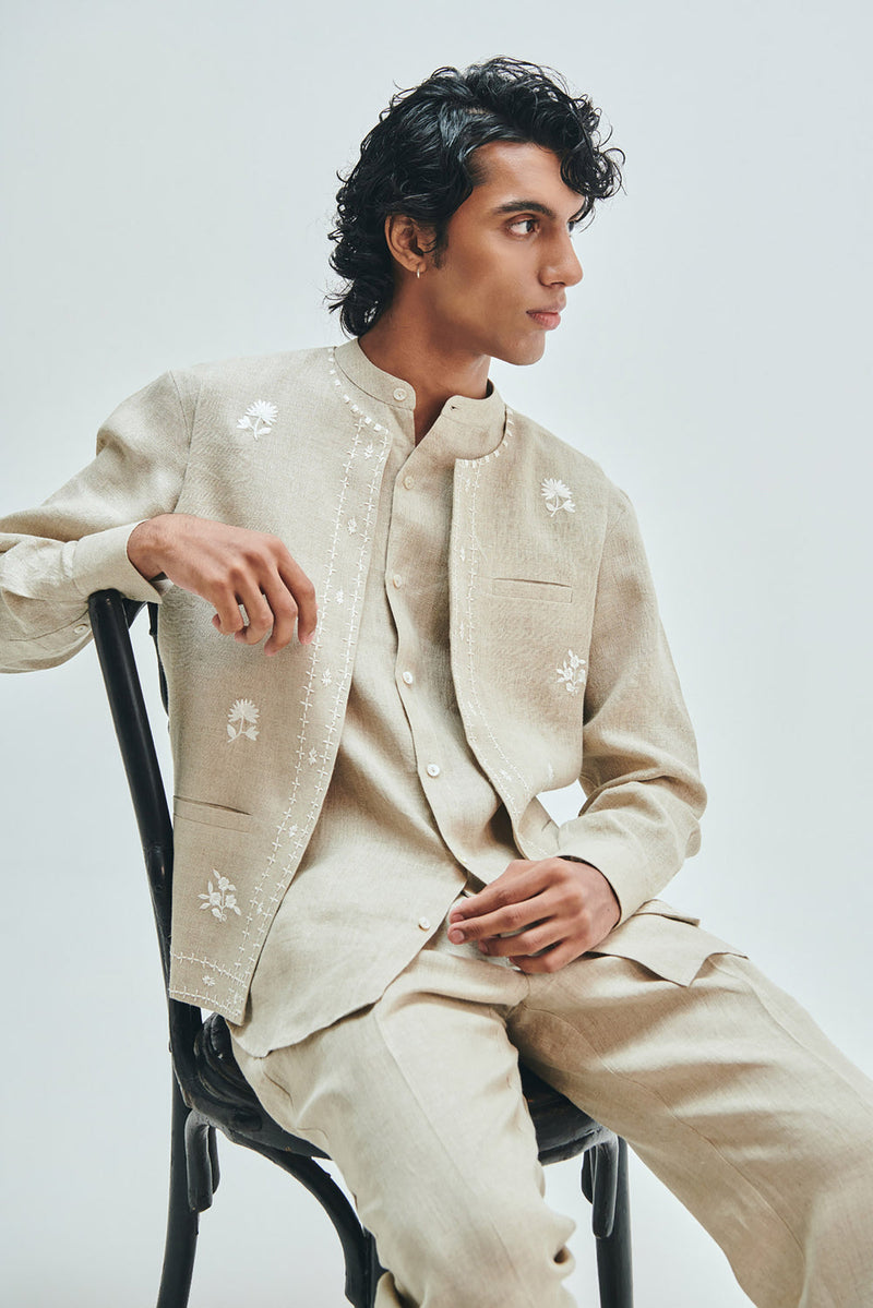 Undyed Linen Embroidered Men’s Collarless Nehru Jacket linen jacket by Saphed Men in off-white for men in Singapore