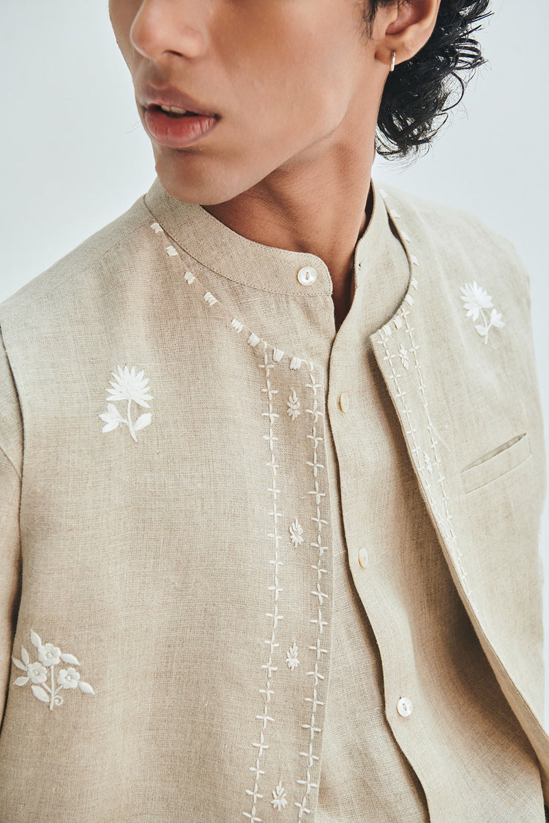 Undyed Linen Embroidered Men’s Collarless Nehru Jacket Set linen co-ord set by Saphed Men in off-white for men in Singapore