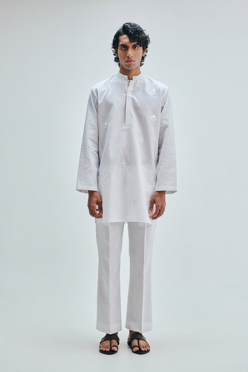 Taj Co-Linen Embroidered Men’s Band Collar Kurta Set cotton linen kurta/kurta set by Saphed Men in white for men in Singapore
