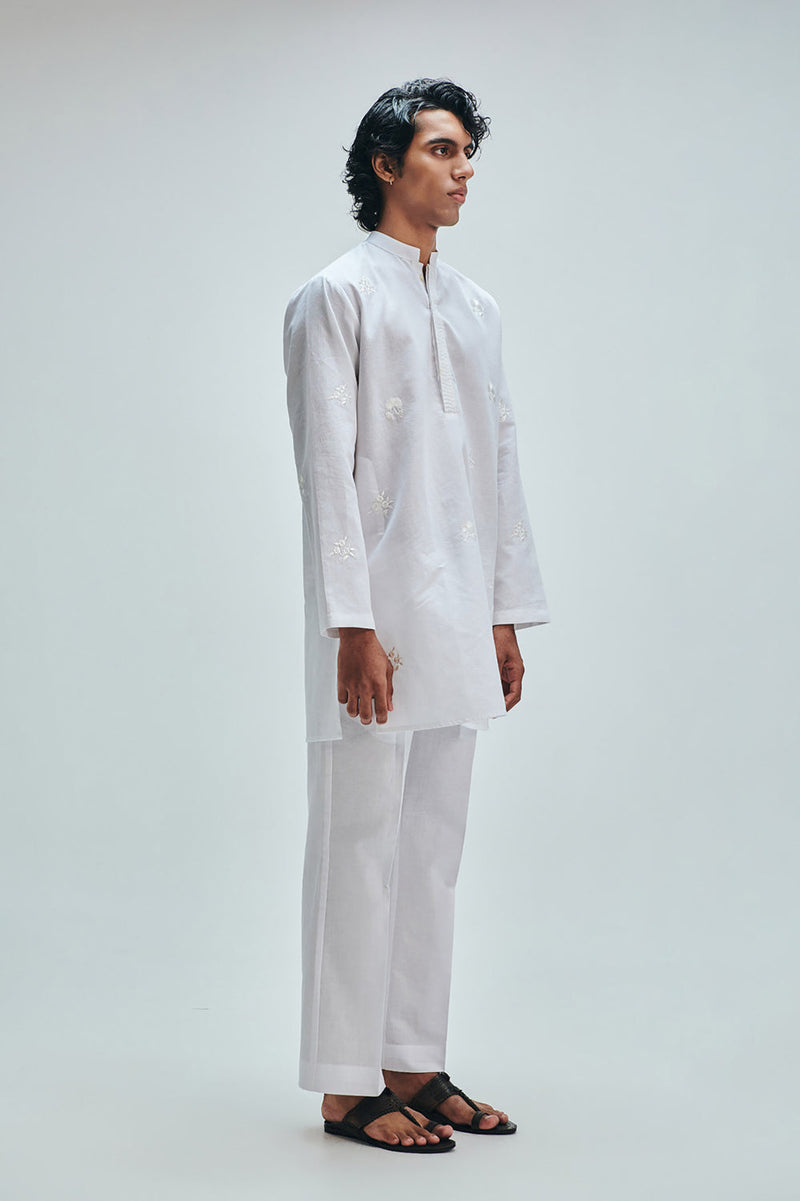 Taj Co-Linen Embroidered Men’s Band Collar Kurta Set cotton linen kurta/kurta set by Saphed Men in white for men in Singapore