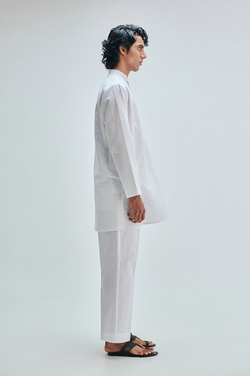 Taj Co-Linen Embroidered Men’s Band Collar Kurta Set cotton linen kurta/kurta set by Saphed Men in white for men in Singapore