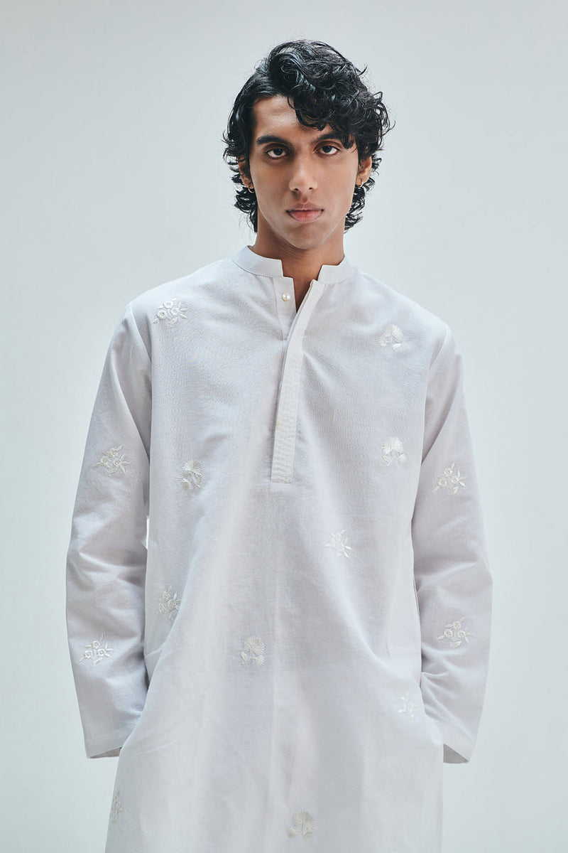 Taj Co-Linen Embroidered Men’s Band Collar Kurta cotton linen kurta/kurta set by Saphed Men in white for men in Singapore