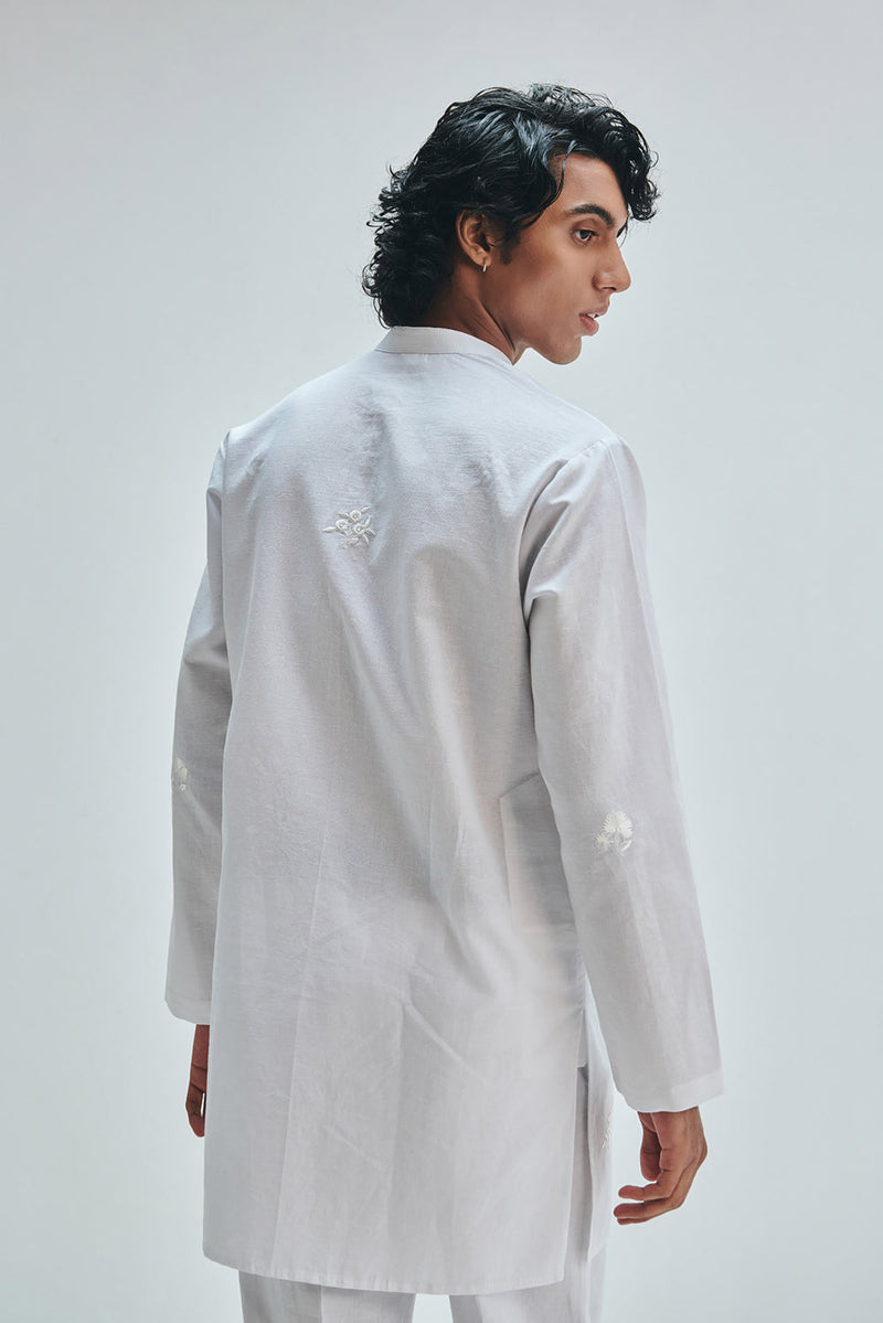 Taj Co-Linen Embroidered Men’s Band Collar Kurta Set cotton linen kurta/kurta set by Saphed Men in white for men in Singapore