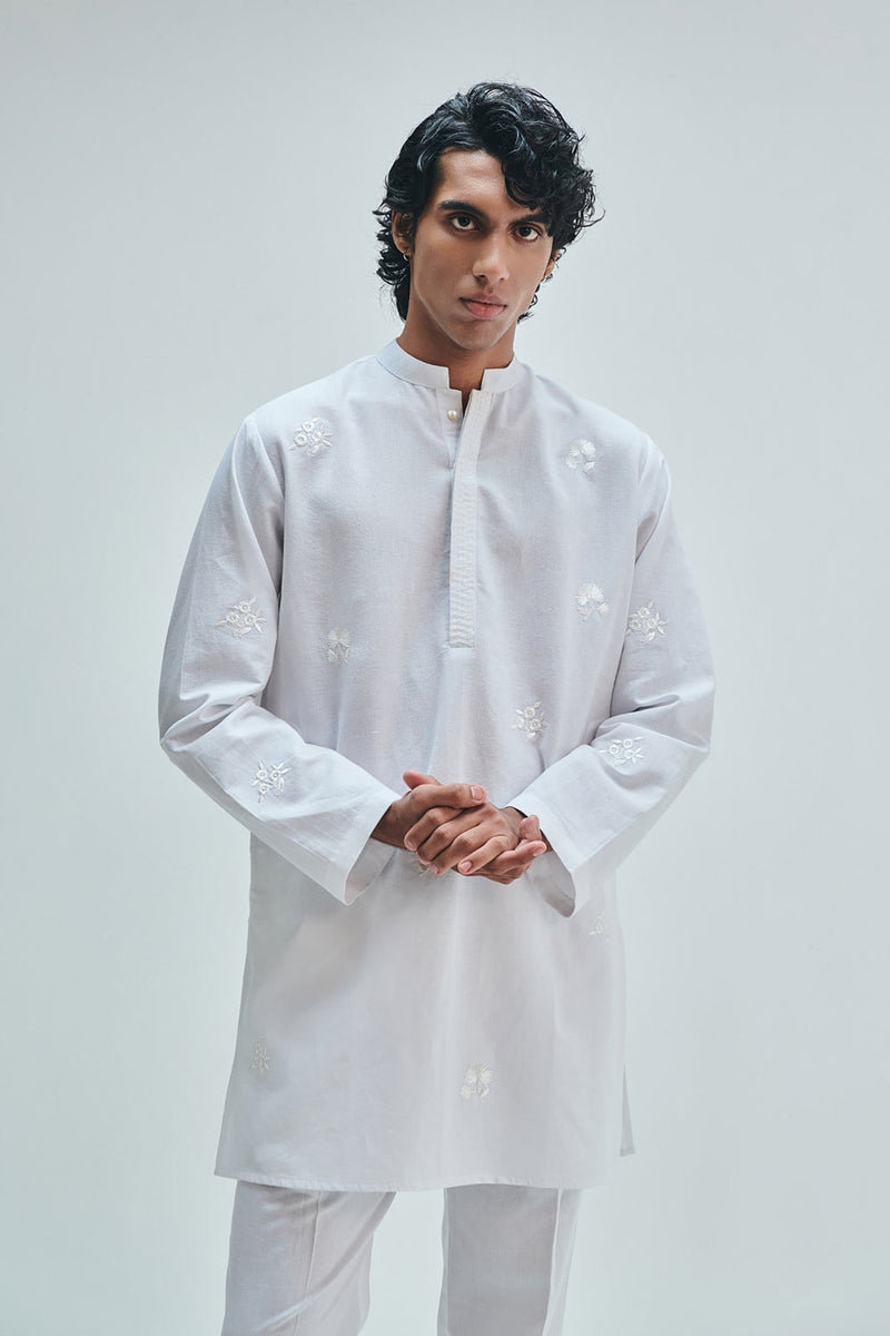 Taj Co-Linen Embroidered Men’s Band Collar Kurta Set cotton linen kurta/kurta set by Saphed Men in white for men in Singapore