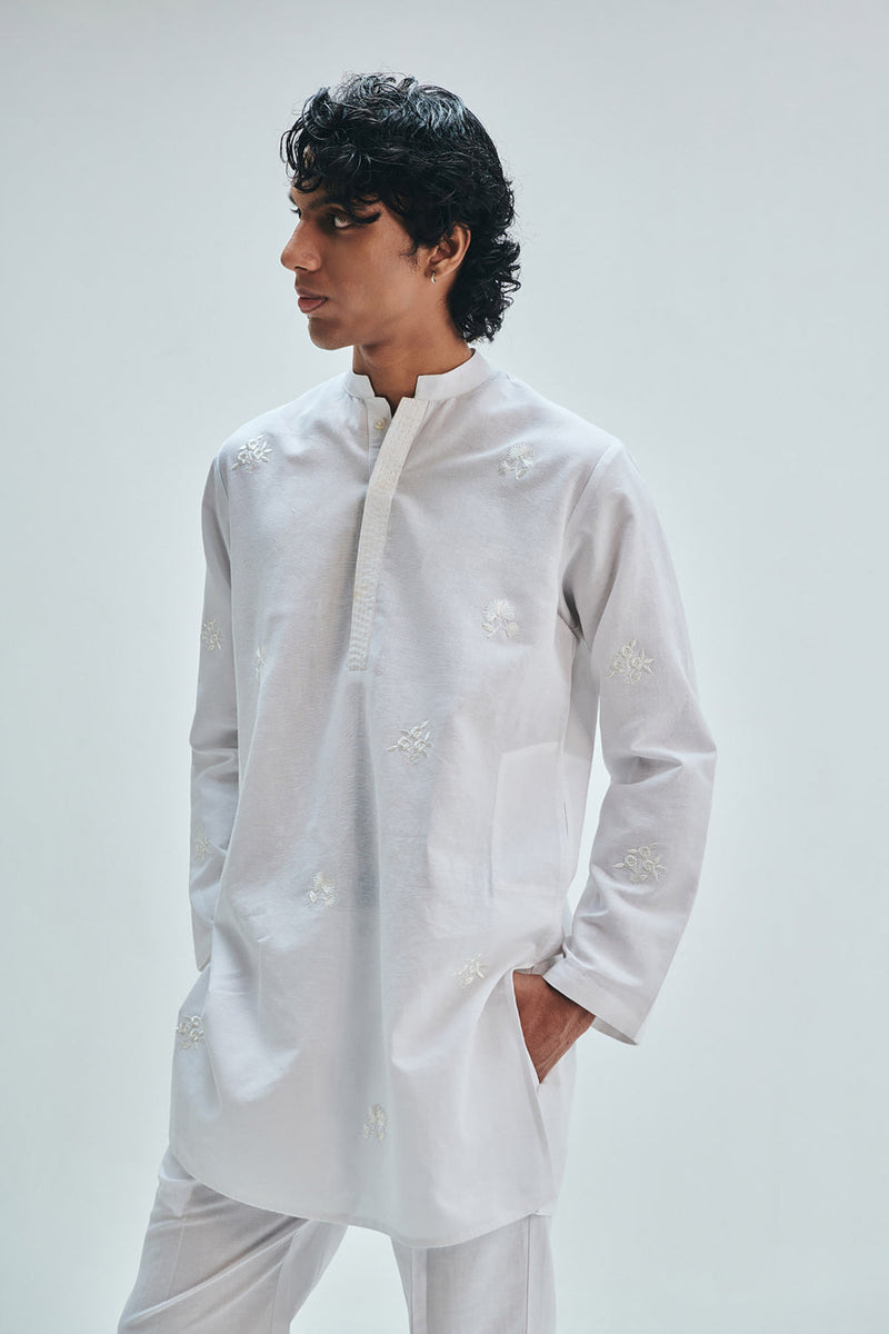 Taj Co-Linen Embroidered Men’s Band Collar Kurta Set cotton linen kurta/kurta set by Saphed Men in white for men in Singapore