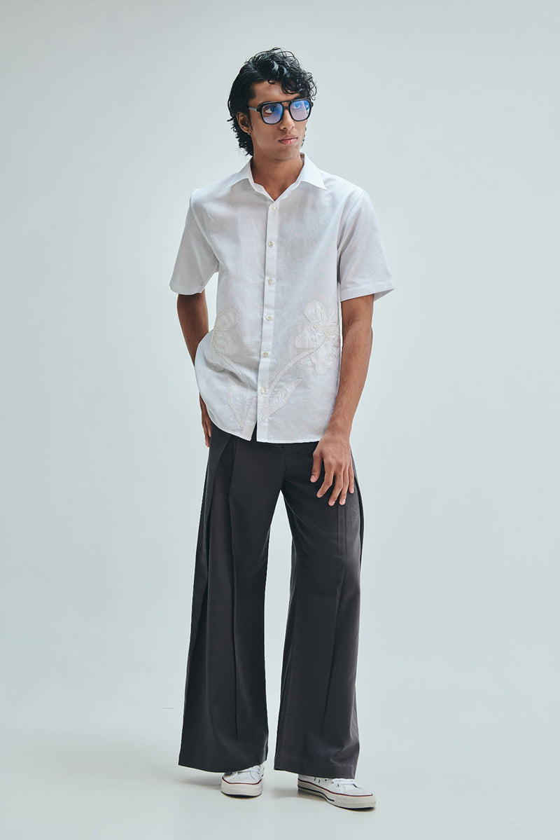 Taj Co-Linen Embroidered Men’s Applique Half Sleeves Shirt cotton linen shirt by Saphed Men in white for men in Singapore