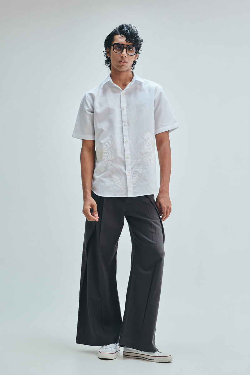 Taj Co-Linen Embroidered Men’s Applique Half Sleeves Shirt cotton linen shirt by Saphed Men in white for men in Singapore