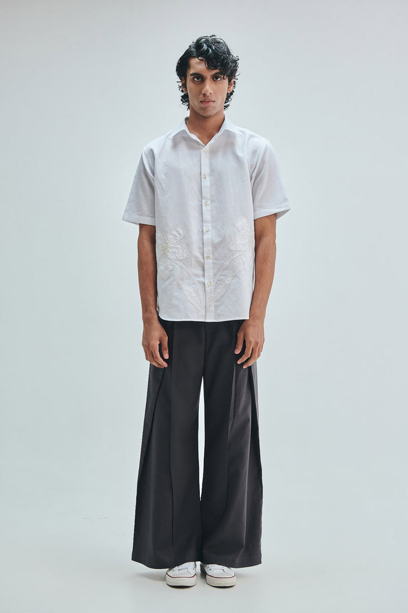Taj Co-Linen Embroidered Men’s Applique Half Sleeves Shirt cotton linen shirt by Saphed Men in white for men in Singapore