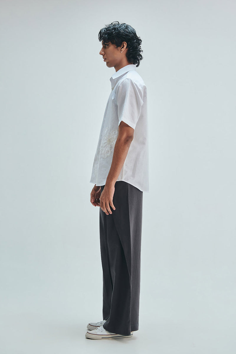 Taj Co-Linen Embroidered Men’s Applique Half Sleeves Shirt cotton linen shirt by Saphed Men in white for men in Singapore