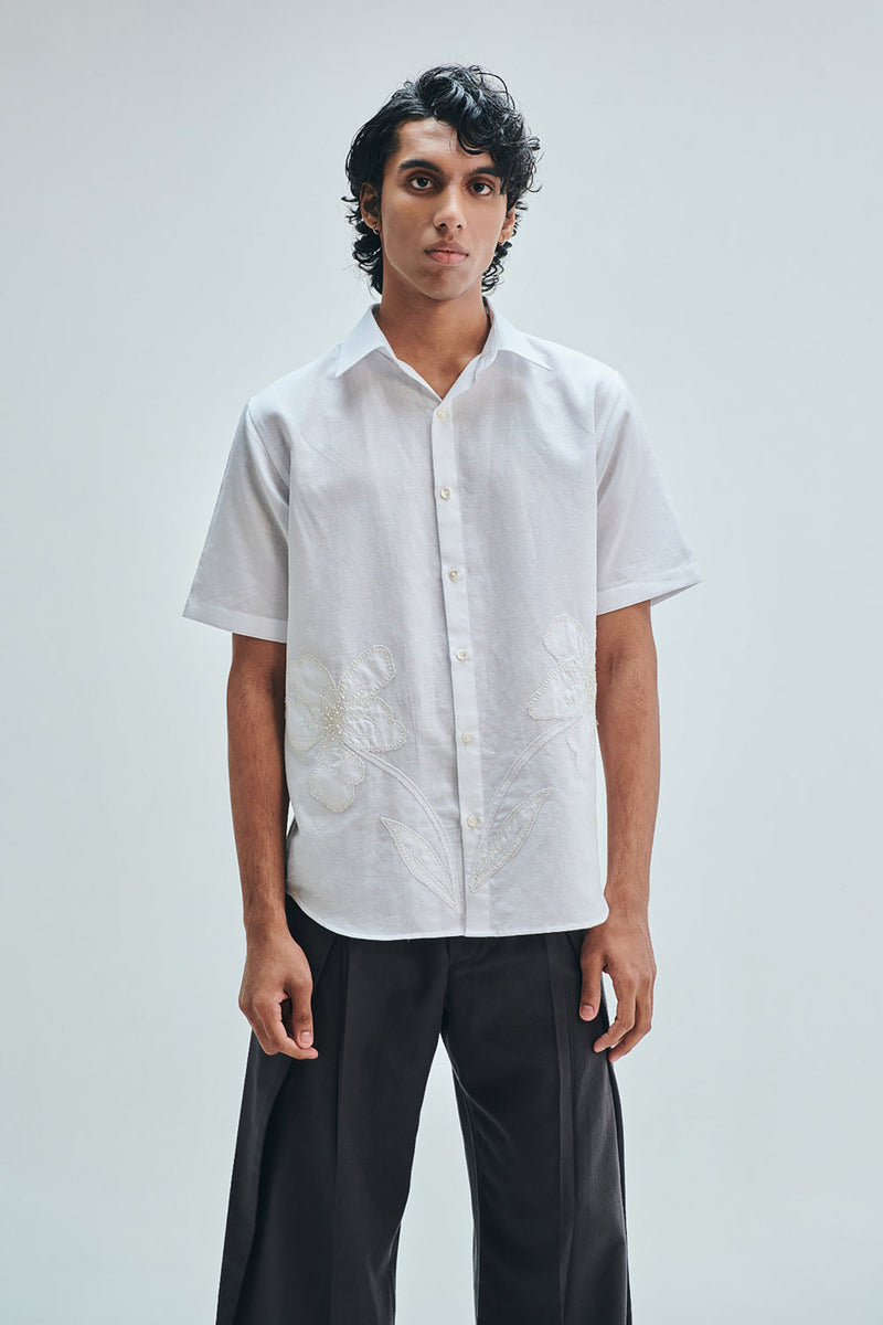 Taj Co-Linen Embroidered Men’s Applique Half Sleeves Shirt cotton linen shirt by Saphed Men in white for men in Singapore