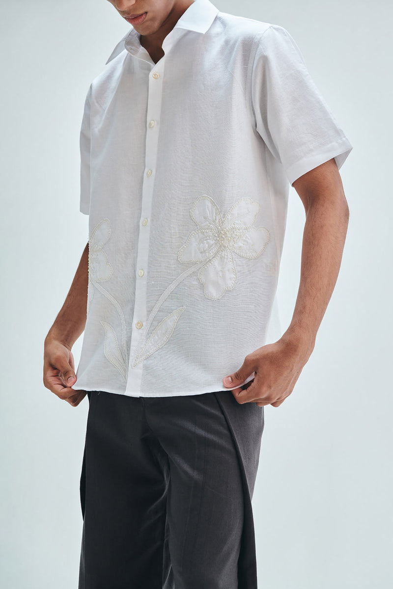 Taj Co-Linen Embroidered Men’s Applique Half Sleeves Shirt cotton linen shirt by Saphed Men in white for men in Singapore