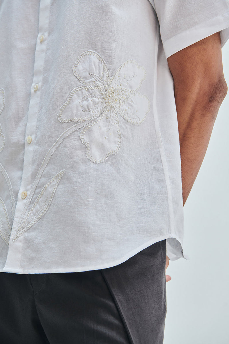 Taj Co-Linen Embroidered Men’s Applique Half Sleeves Shirt cotton linen shirt by Saphed Men in white for men in Singapore