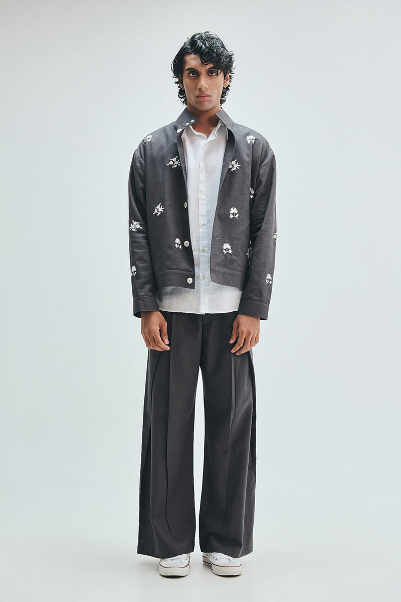 Pebble Co-Linen Embroidered Men’s Stand Collar Jacket cotton linen jacket by Saphed Men in grey for men in Singapore