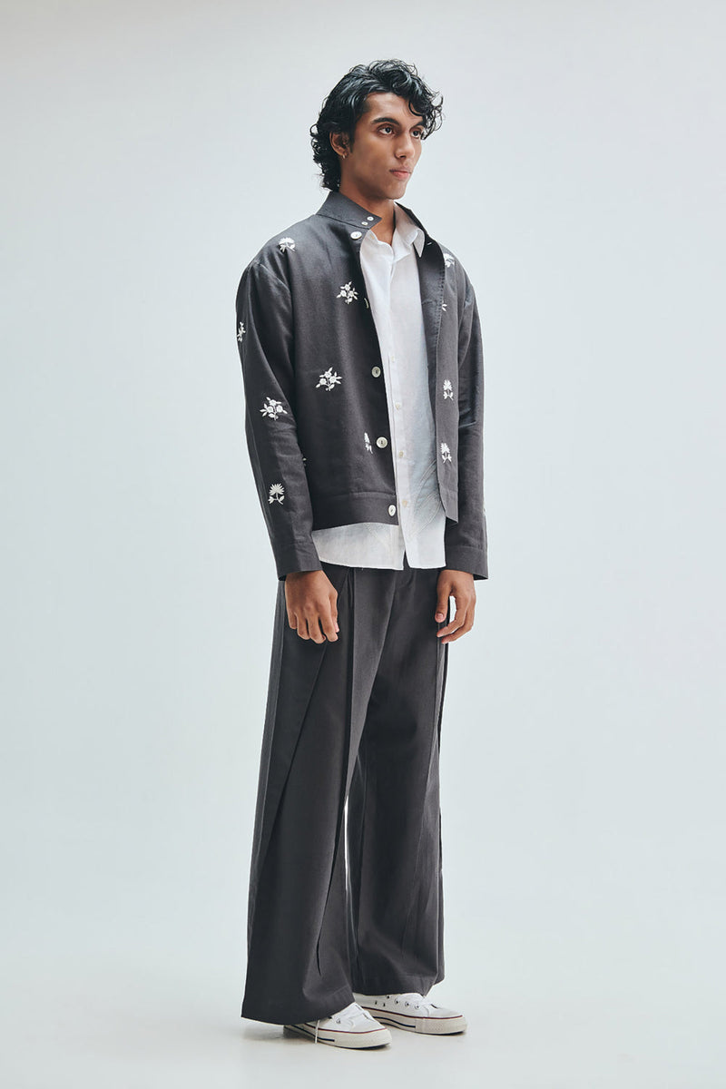 Pebble Co-Linen Embroidered Men’s Stand Collar Jacket cotton linen jacket by Saphed Men in grey for men in Singapore