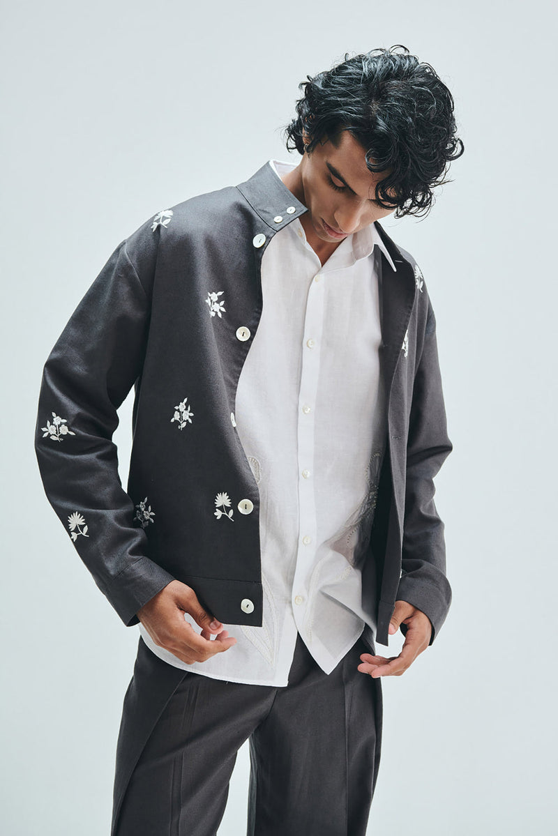 Pebble Co-Linen Embroidered Men’s Stand Collar Jacket cotton linen jacket by Saphed Men in grey for men in Singapore
