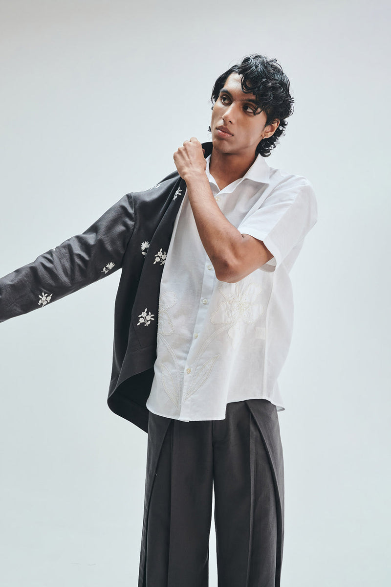 Pebble Co-Linen Embroidered Men’s Stand Collar Jacket cotton linen jacket by Saphed Men in grey for men in Singapore