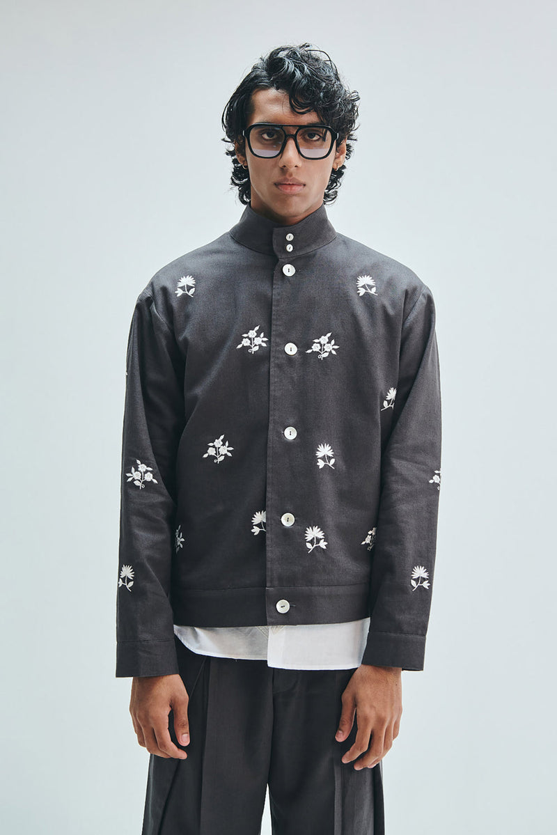 Pebble Co-Linen Embroidered Men’s Stand Collar Jacket cotton linen jacket by Saphed Men in grey for men in Singapore